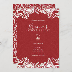 Boho Red & White Lace Bold Pattern Sweet 16 Party  Invitation