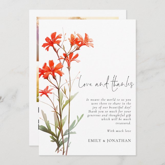 Boho Red Wildflowers 3 photo QR Wedding Thanks Card (Front/Back)