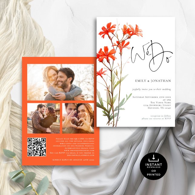 Boho Red Wildflowers We Do 3 photo QR Wedding Invitation (Front and back view)