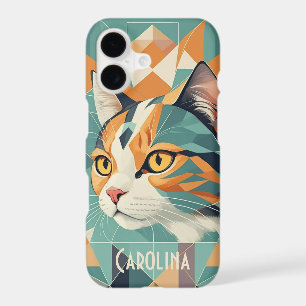 Boho retro abstract cat portrait orange green
