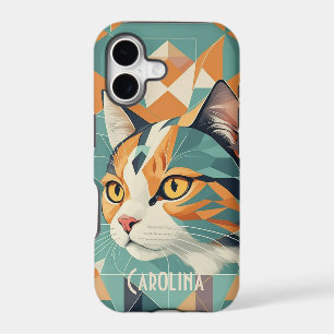 Boho retro abstract cat portrait orange green