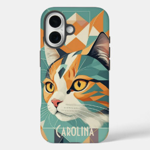 Boho retro abstract cat portrait orange green iPhone 16 case