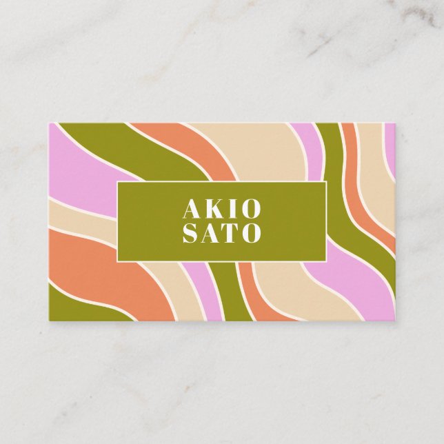 Boho Retro Abstract Wavy Lines Pink Green  Business Card (Front)
