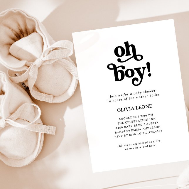 Boho Retro Black and White | Oh Boy Baby Shower Invitation (Creator Uploaded)