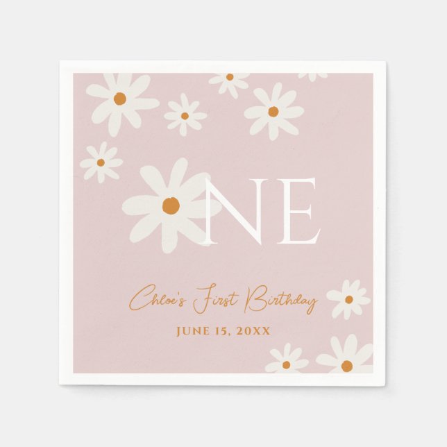 Boho Retro Blush Pink Daisy First Birthday Napkin (Front)