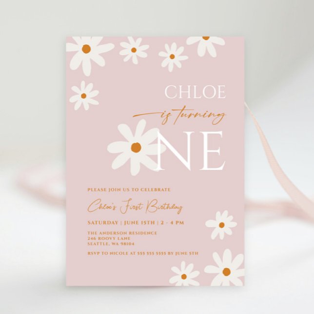 Boho Retro Blush Pink Daisy Girl First Birthday Invitation (Creator Uploaded)