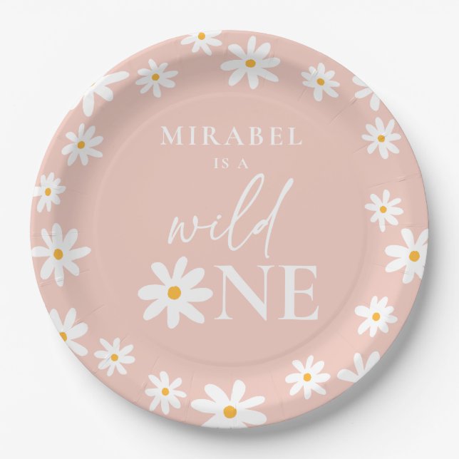 Boho Retro Blush Pink Daisy Wild One 1st Birthday Paper Plate (Front)