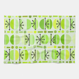 Boho Retro Bowls Lines Chartreuse Tea Towel