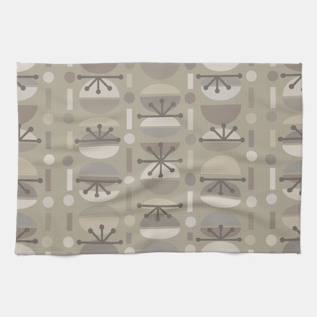 Boho Retro Bowls Lines Taupe Tea Towel (Horizontal)