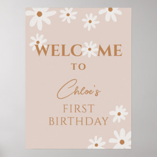 Boho Retro Brown Daisy Girl Birthday Welcome Poster