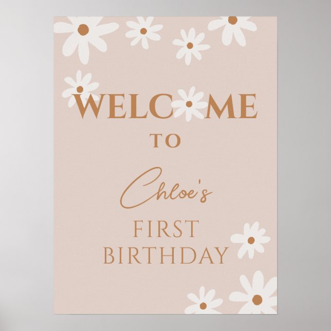 Boho Retro Brown Daisy Girl Birthday Welcome Poster (Front)
