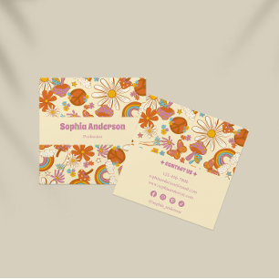  Boho Retro Business Card with Pastel 70s Floral 