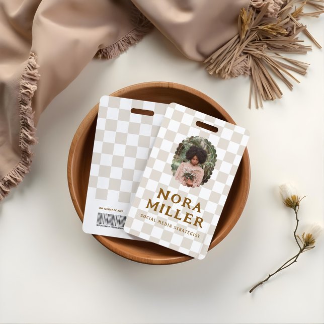 Boho Retro Chequered Pattern Photo ID Barcode ID Badge (Boho Retro Checkered Pattern Photo ID Barcode Badge)