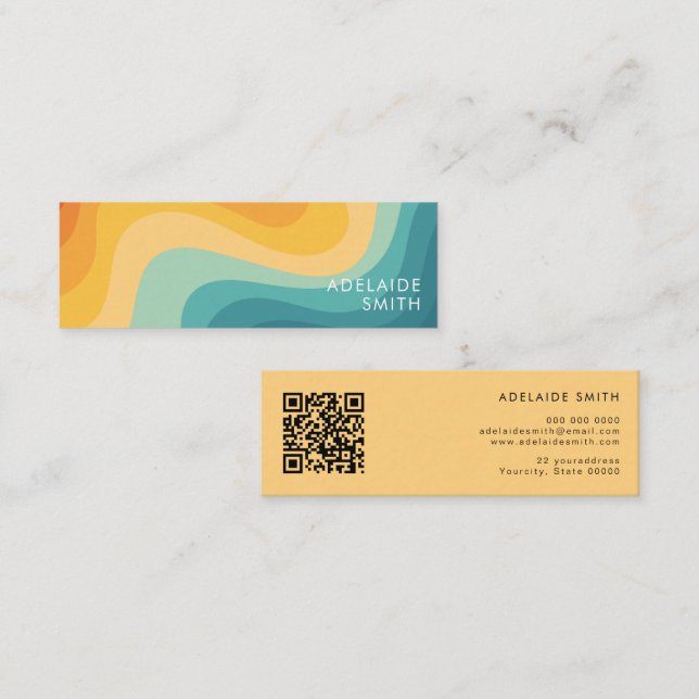 Boho Retro Classic Colour Wave QR Code Mini Business Card (Front/Back)