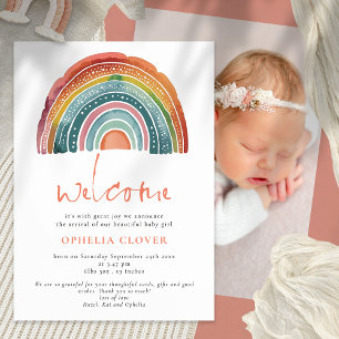 Boho Retro Coloured Rainbow Welcome Photo Birth Announcement