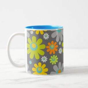 Boho Retro Daisies on Grey Two-Tone Coffee Mug