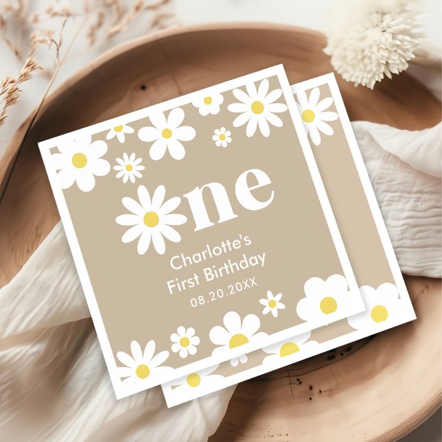 Boho Retro Daisy 1st Birthday Napkin (Creator Uploaded)