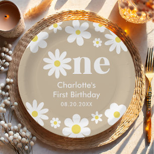 Boho Retro Daisy 1st Birthday Paper Plate