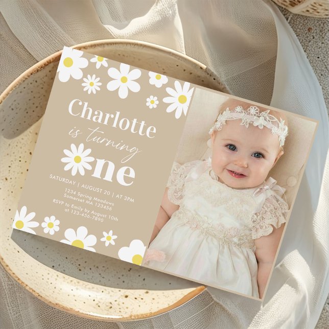 Boho Retro Daisy 1st Birthday Photo Invitation (Creator Uploaded)