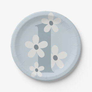 Boho Retro Daisy 1st Blue Groovy Birthday  Paper Plate