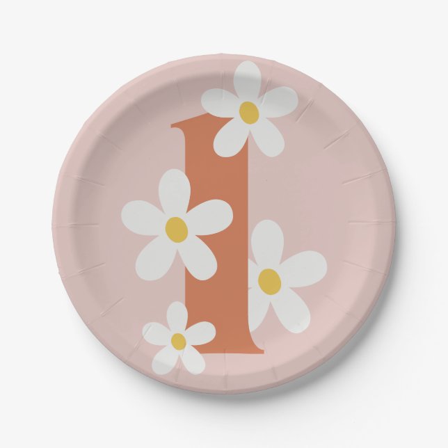 Boho Retro Daisy 1st Groovy Birthday  Paper Plate (Front)