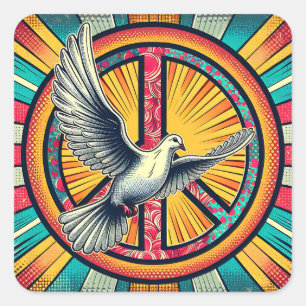 Boho Retro Dove and Peace Sign Square Sticker