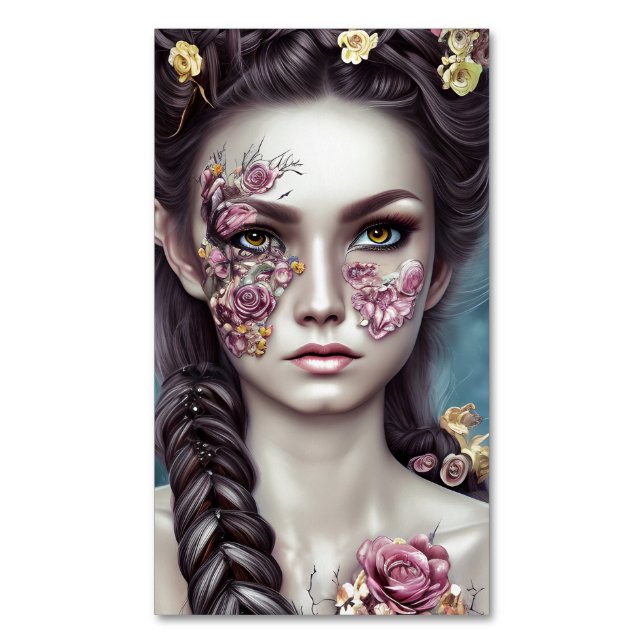 Boho Retro Fantasy Girl with Flowers Magnetic Business Card (Front Vertical)