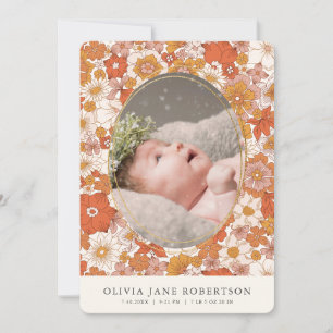 Boho Retro Floral Girl Photo Birth Announcement