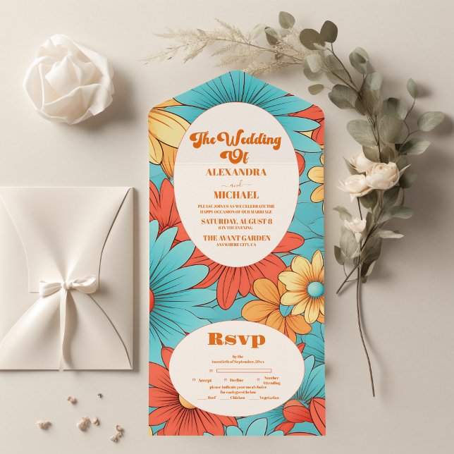 Boho Retro  Floral Wedding All In One Invitation (Creator Uploaded)