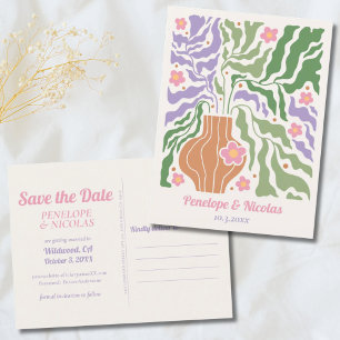 Boho Retro Floral Wedding Save the Date Postcard
