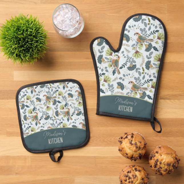 Boho Retro Flower And Birds Pattern Name Oven Mitt & Pot Holder Set (Top Down)