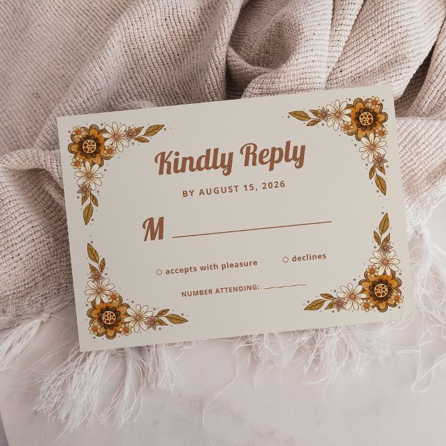 Boho Retro Flowers | Wedding RSVP Card (A trendy, neutral wedding rsvp card with retro flowers)