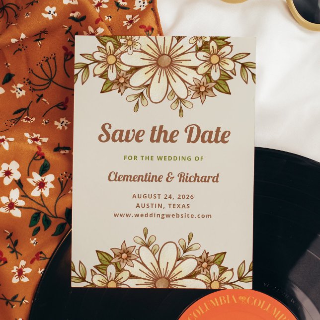Boho Retro Flowers | Wedding Save The Date (A retro-inspired wedding save the date card with vintage style flowers and typography)