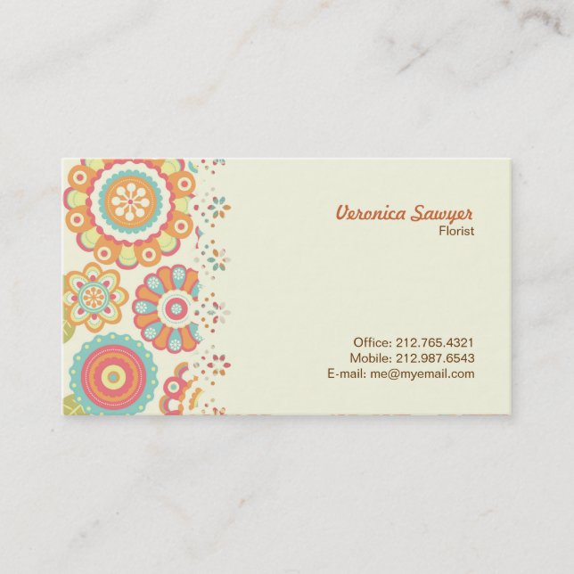 Boho Retro Funky Flowers Floral Pattern (Cream) Business Card (Front)