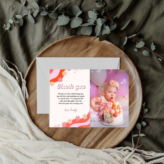 Boho Retro Groovy Daisy Birthday thank you card (Creator Uploaded)