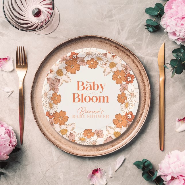Boho Retro Groovy Floral Baby Shower Baby Shower Paper Plate (Creator Uploaded)