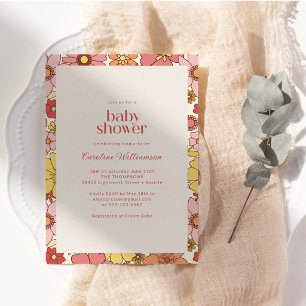 Boho Retro Groovy Pink Orange Floral Baby Shower Invitation