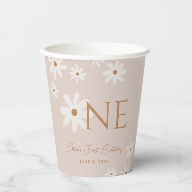Boho Retro Light Brown Daisy Floral First Birthday Paper Cups (Front)