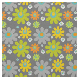 Boho Retro Multicolor Daisies on Grey Fabric
