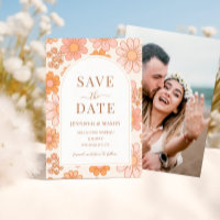 Boho Retro Orange Daisy Floral Save The Date Photo