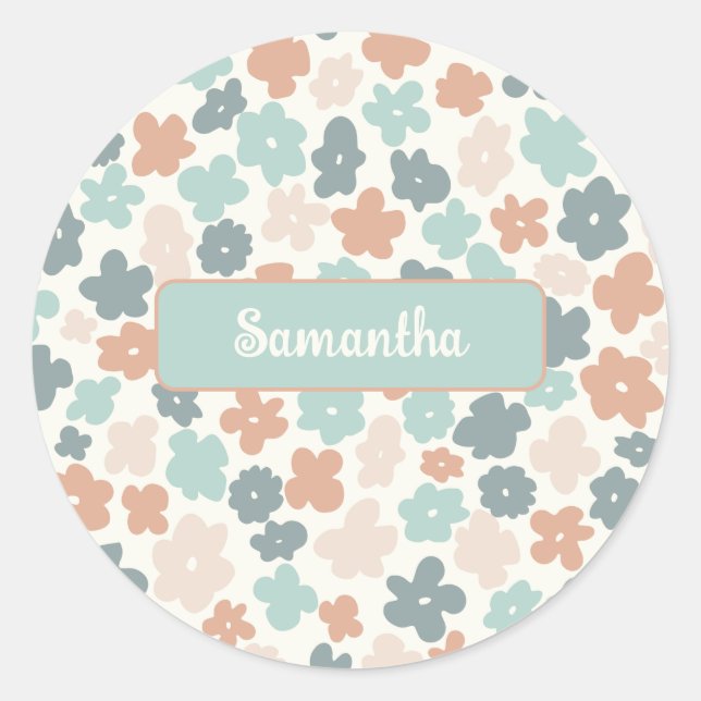 Boho retro pastel flower print classic round sticker (Front)