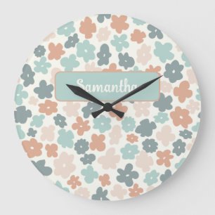 Boho retro pastel flower print large clock