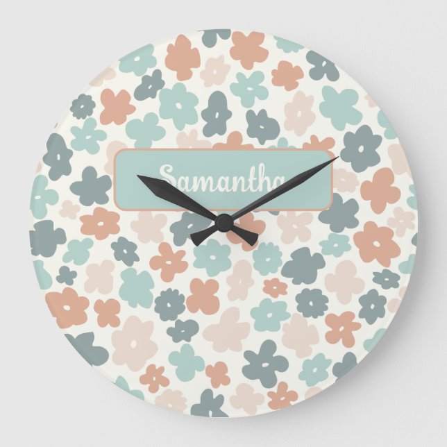 Boho retro pastel flower print large clock (Front)