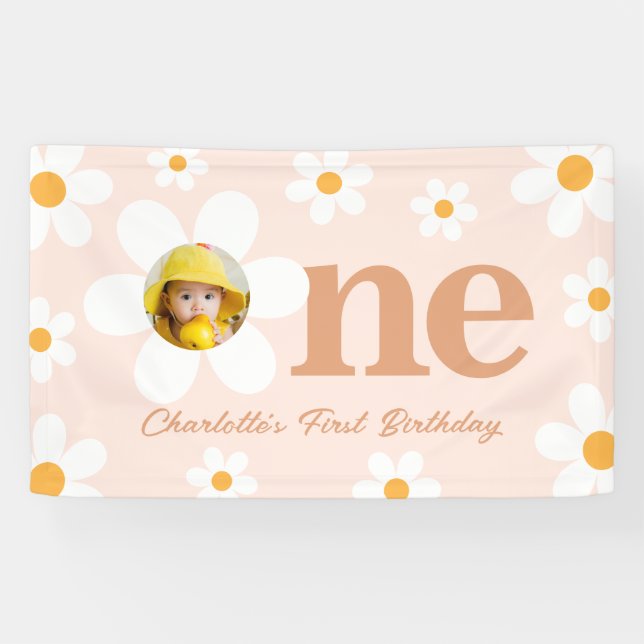 Boho Retro Pink Daisy First Birthday Photo  Banner (Horizontal)