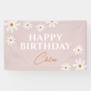 Boho Retro Pink Daisy Floral Happy Birthday Banner