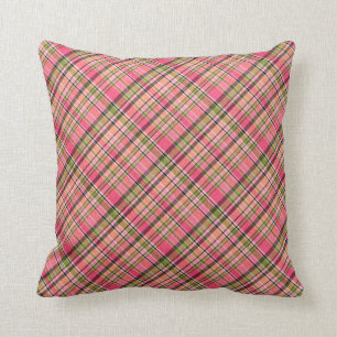 Boho Retro Pink/Green Plaid Reversible Cotton Cushion