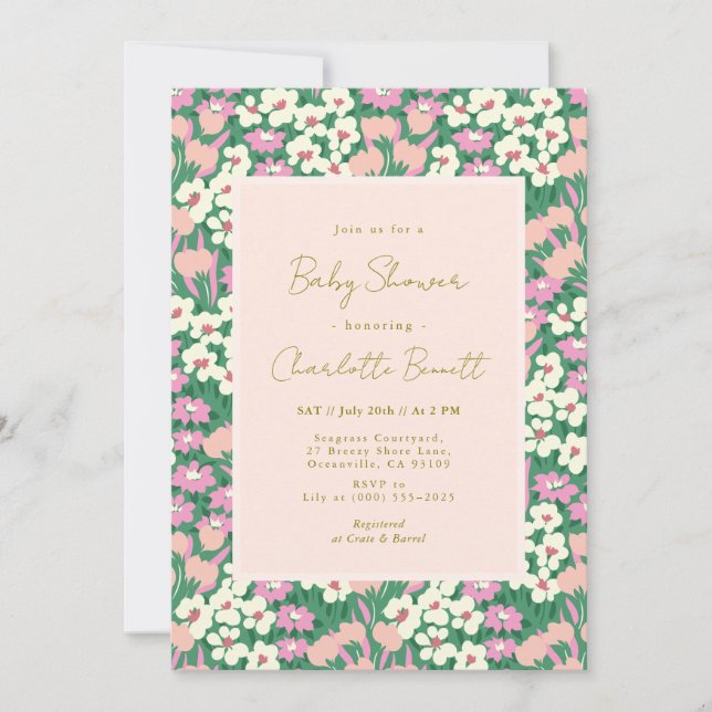 Boho Retro Pink Sage Floral Baby Shower Invitation (Front)