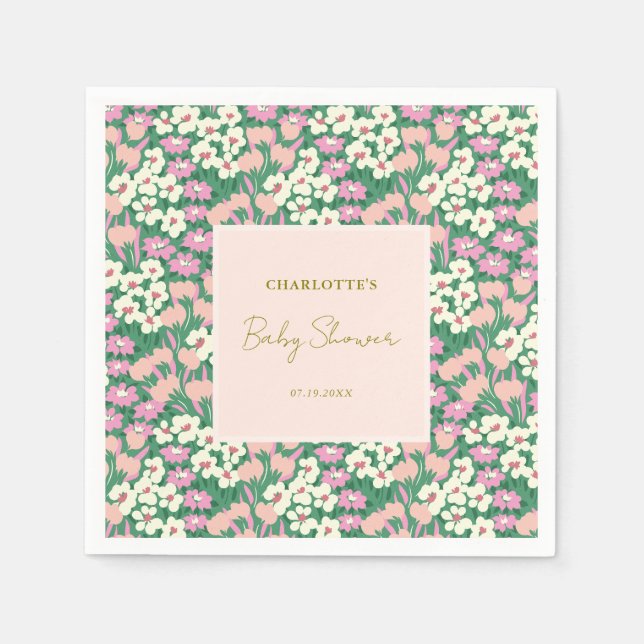 Boho Retro Pink Sage Floral Baby Shower Napkin (Front)