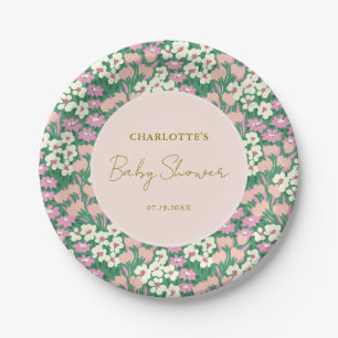 Boho Retro Pink Sage Floral Baby Shower Paper Plate