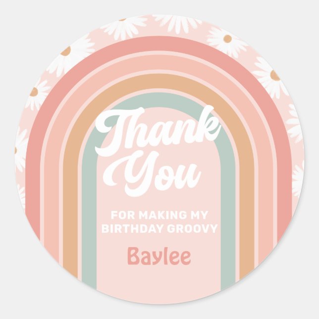 Boho Retro Rainbow Daisy Birthday Party Classic Round Sticker (Front)